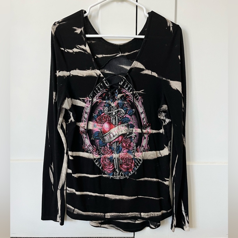 Affliction Long Sleeve Top with mesh lace back Ladies Small